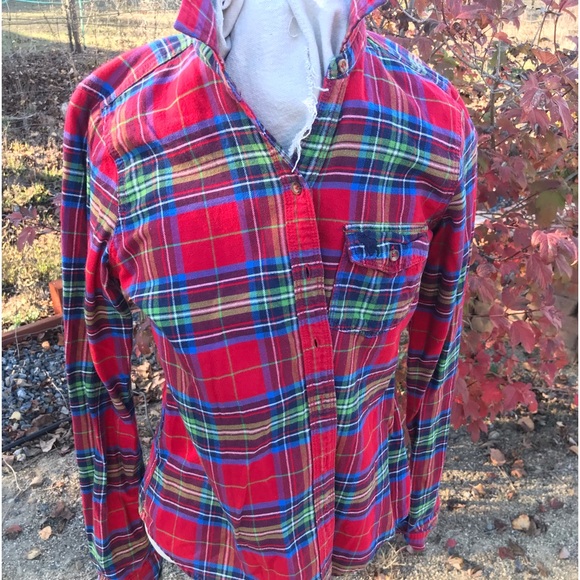 🍁Abercrombie&Fitch Red Plaid CottonFlannel Perfect Holiday Layering SzL Slimfit - Picture 2 of 11